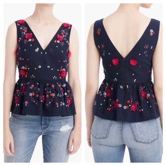 J. Crew Hand-Embellished Beaded Linen Blend Sleeveless Peplum Top Navy Red Sz 00 - Picture 1 of 16